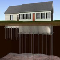 diagram of foundation helical piers stabilizing a ranch house foundation.